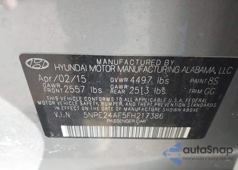 2015 Hyundai Sonata Se из США, поврежденный, VIN 5NPE24AF5FH217386